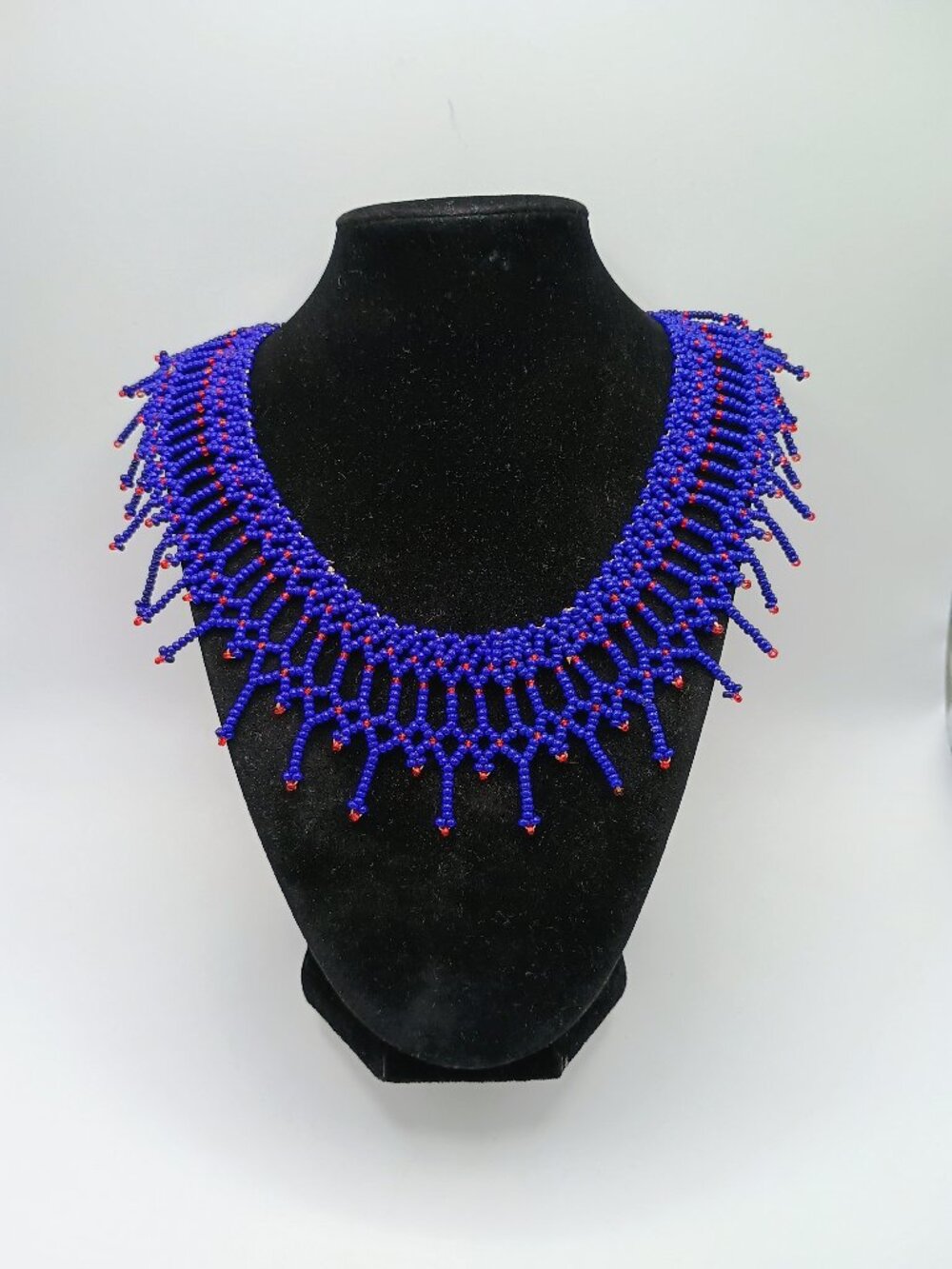 Handmade Blue and Red Beaded Necklace, Artisan Choker with Fringe